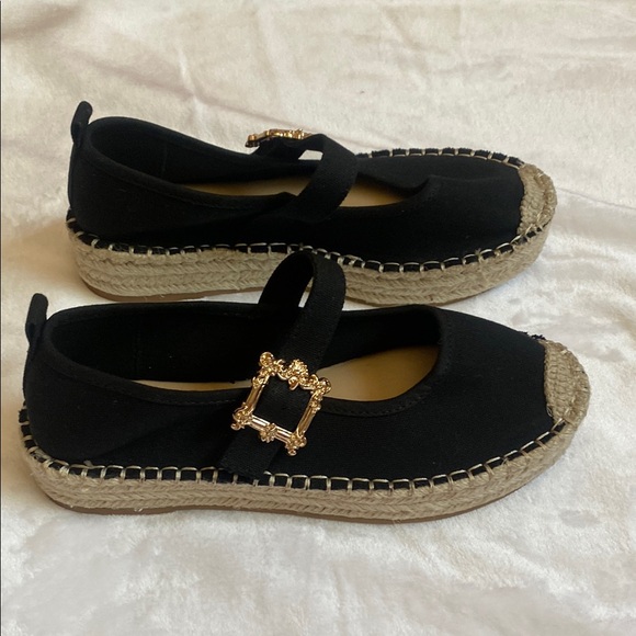 Soda Black Espadrille Flats with Gold Buckle - Picture 2 of 8